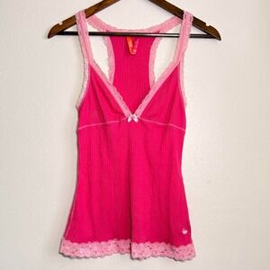 Vintage Y2K Babydoll Pink‎ Lace Bow Lounge Ribbed Cami Top Womens Size XS